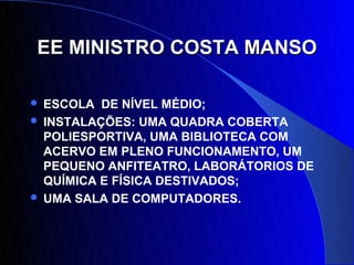 EE MINISTRO COSTA MANSO

 ESCOLA DE NÍVEL MÉDIO;
 INSTALAÇÕES: UMA QUADRA COBERTA
  POLIESPORTIVA, UMA BIBLIOTECA COM
  ACERVO EM PLENO FUNCIONAMENTO, UM
  PEQUENO ANFITEATRO, LABORÁTORIOS DE
  QUÍMICA E FÍSICA DESTIVADOS;
 UMA SALA DE COMPUTADORES.
 
