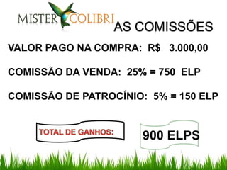 VALOR PAGO NA COMPRA: R$ 3.000,00

COMISSÃO DA VENDA: 25% = 750 ELP

COMISSÃO DE PATROCÍNIO: 5% = 150 ELP


                       900 ELPS
 