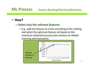 ML Process Feature Ranking/Selection/Reduction
• How?
– Select only the relevant features
• E.g., add one feature at a time according to the ranking,
and select the optimum feature set based on the
maximum achieved accuracy (see sections on Model
Learning and Evaluation)
119
0.00%
10.00%
20.00%
30.00%
40.00%
50.00%
60.00%
70.00%
80.00%
1 15 30 45 70 100130143170200300450600
Accuracy
Number of features
Optimal
number of
features
 