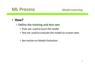 ML Process Model Learning
• How?
– Define the training and test sets
• Train set: used to learn the model
• Test set: used to evaluate the model on unseen data
• See section on Model Evaluation
124
 
