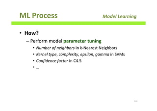 ML Process Model Learning
• How?
– Perform model parameter tuning
• Number of neighbors in k-Nearest Neighbors
• Kernel type, complexity, epsilon, gamma in SVMs
• Confidence factor in C4.5
• …
126
 