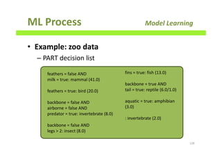 ML Process Model Learning
• Example: zoo data
– PART decision list
128
fins = true: fish (13.0)
backbone = true AND
tail = true: reptile (6.0/1.0)
aquatic = true: amphibian
(3.0)
: invertebrate (2.0)
feathers = false AND
milk = true: mammal (41.0)
feathers = true: bird (20.0)
backbone = false AND
airborne = false AND
predator = true: invertebrate (8.0)
backbone = false AND
legs > 2: insect (8.0)
 