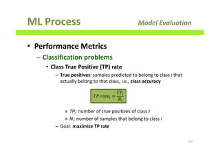 ML Process Model Evaluation
• Performance Metrics
– Classification problems
• Class True Positive (TP) rate
– True positives: samples predicted to belong to class i that
actually belong to that class, i.e., class accuracy
» TPi: number of true positives of class I
» Ni: number of samples that belong to class i
– Goal: maximize TP rate
169
ܶܲ	‫݁ݐܽݎ‬௜ =
ܶܲ௜
ܰ௜
 