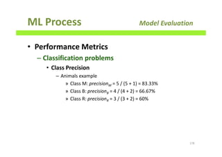 ML Process Model Evaluation
• Performance Metrics
– Classification problems
• Class Precision
– Animals example
» Class M: precisionM = 5 / (5 + 1) = 83.33%
» Class B: precisionB = 4 / (4 + 2) = 66.67%
» Class R: precisionR = 3 / (3 + 2) = 60%
178
 