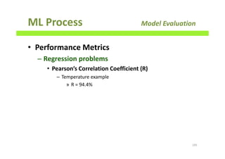 ML Process Model Evaluation
• Performance Metrics
– Regression problems
• Pearson’s Correlation Coefficient (R)
– Temperature example
» R = 94.4%
195
 