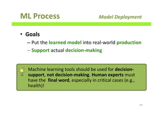 ML Process Model Deployment
• Goals
– Put the learned model into real-world production
– Support actual decision-making
205
Machine learning tools should be used for decision-
support, not decision-making. Human experts must
have the final word, especially in critical cases (e.g.,
health)!
 
