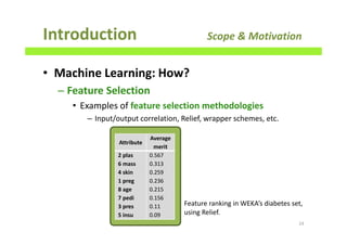 • Machine Learning: How?
– Feature Selection
• Examples of feature selection methodologies
– Input/output correlation, Relief, wrapper schemes, etc.
Introduction Scope & Motivation
24
Feature ranking in WEKA’s diabetes set,
using Relief.
Attribute
Average
merit
2 plas
6 mass
4 skin
1 preg
8 age
7 pedi
3 pres
5 insu
0.567
0.313
0.259
0.236
0.215
0.156
0.11
0.09
 