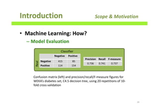 • Machine Learning: How?
– Model Evaluation
Introduction Scope & Motivation
29
Confusion matrix (left) and precision/recall/F-measure figures for
WEKA’s diabetes set, C4.5 decision tree, using 20 repetitions of 10-
fold cross validation
Negative Positive
Negative 415 85
Positive 114 154
Precision Recall F-measure
0.736 0.741 0.737
Classifier
Real
 