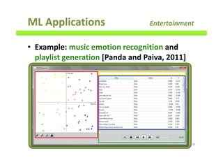 ML Applications Entertainment
• Example: music emotion recognition and
playlist generation [Panda and Paiva, 2011]
46
 