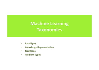 Machine Learning
Taxonomies
• Paradigms
• Knowledge Representation
• Traditions
• Problem Types
 