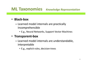ML Taxonomies Knowledge Representation
• Black-box
– Learned model internals are practically
incomprehensible
• E.g., Neural Networks, Support Vector Machines
• Transparent-box
– Learned model internals are understandable,
interpretable
• E.g., explicit rules, decision-trees
83
 