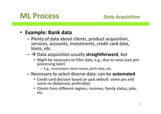 ML Process Data Acquisition
• Example: Bank data
– Plenty of data about clients, product acquisition,
services, accounts, investments, credit card data,
loans, etc.
– Data acquisition usually straightforward, but
• Might be necessary to filter data, e.g., due to noise (see pre-
processing later)
– E.g., inconsistent client names, birth date, etc.
– Necessary to select diverse data: can be automated
• Credit card decision based on past default: some yes and
some no (balanced, preferably)
• Clients from different regions, incomes, family status, jobs,
etc.
96
 