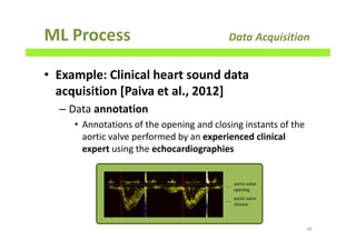 ML Process Data Acquisition
• Example: Clinical heart sound data
acquisition [Paiva et al., 2012]
– Data annotation
• Annotations of the opening and closing instants of the
aortic valve performed by an experienced clinical
expert using the echocardiographies
99
 