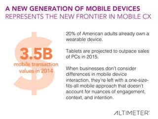 21!
20% of American adults already own a
wearable device.!
!
Tablets are projected to outpace sales
of PCs in 2015.!
!
When businesses don’t consider
differences in mobile device
interaction, they’re left with a one-size-
ﬁts-all mobile approach that doesn’t
account for nuances of engagement,
context, and intention.!
!
 