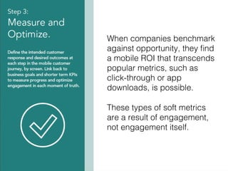 34!
When companies benchmark
against opportunity, they ﬁnd
a mobile ROI that transcends
popular metrics, such as
click-through or app
downloads, is possible. !
!
These types of soft metrics
are a result of engagement,
not engagement itself.!
 