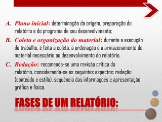 A. Plano inicial: determinação da origem, preparação do
   relatório e do programa de seu desenvolvimento;
B. Coleta e organização do material: durante a execução
   do trabalho, é feita a coleta, a ordenação e o armazenamento do
   material necessário ao desenvolvimento do relatório.
C. Redação: recomenda-se uma revisão crítica do
   relatório, considerando-se os seguintes aspectos: redação
   (conteúdo e estilo), sequência das informações e apresentação
   gráfica e física.
 