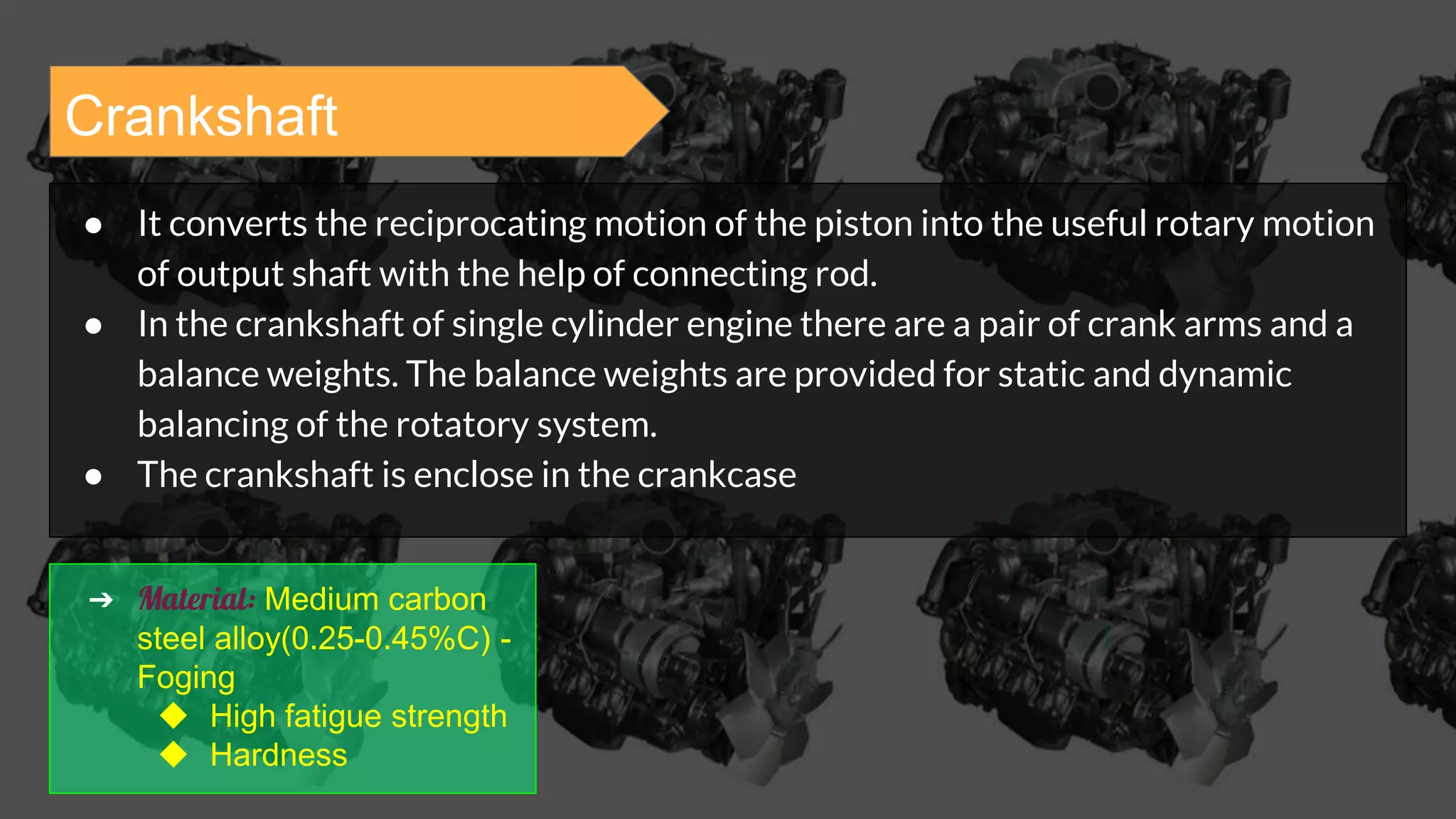 Crankshaft
● It converts the reciprocating motion of the piston into the useful rotary motion
of output shaft with the help of connecting rod.
● In the crankshaft of single cylinder engine there are a pair of crank arms and a
balance weights. The balance weights are provided for static and dynamic
balancing of the rotatory system.
● The crankshaft is enclose in the crankcase
➔ Material: Medium carbon
steel alloy(0.25-0.45%C) -
Foging
◆ High fatigue strength
◆ Hardness
 