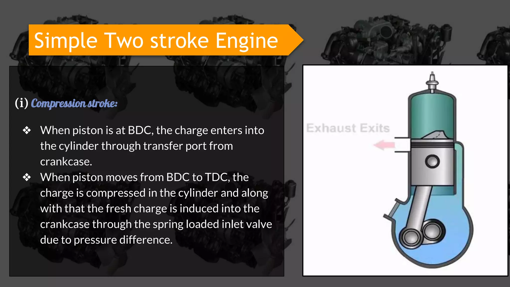 (i) Compression stroke:
❖ When piston is at BDC, the charge enters into
the cylinder through transfer port from
crankcase.
❖ When piston moves from BDC to TDC, the
charge is compressed in the cylinder and along
with that the fresh charge is induced into the
crankcase through the spring loaded inlet valve
due to pressure difference.
Simple Two stroke EngineSimple Two stroke Engine
 