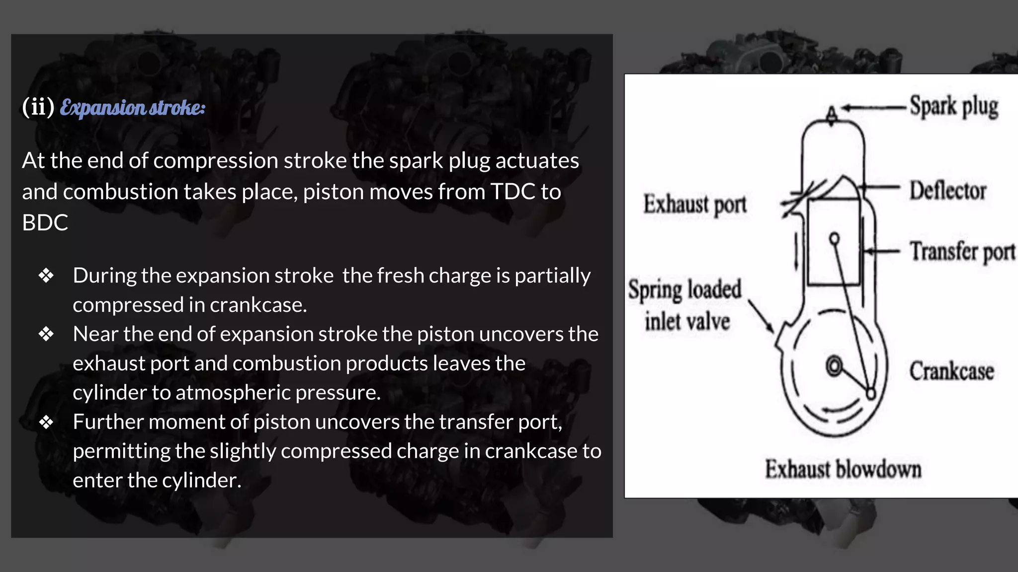 (ii) Expansion stroke:
At the end of compression stroke the spark plug actuates
and combustion takes place, piston moves from TDC to
BDC
❖ During the expansion stroke the fresh charge is partially
compressed in crankcase.
❖ Near the end of expansion stroke the piston uncovers the
exhaust port and combustion products leaves the
cylinder to atmospheric pressure.
❖ Further moment of piston uncovers the transfer port,
permitting the slightly compressed charge in crankcase to
enter the cylinder.
 