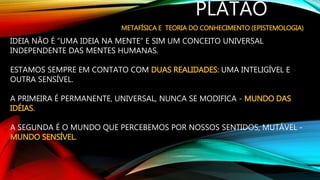 PLATÃO
METAFÍSICA E TEORIA DO CONHECIMENTO (EPISTEMOLOGIA)
IDEIA NÃO É “UMA IDEIA NA MENTE” E SIM UM CONCEITO UNIVERSAL
INDEPENDENTE DAS MENTES HUMANAS.
ESTAMOS SEMPRE EM CONTATO COM DUAS REALIDADES: UMA INTELIGÍVEL E
OUTRA SENSÍVEL.
A PRIMEIRA É PERMANENTE, UNIVERSAL, NUNCA SE MODIFICA - MUNDO DAS
IDÉIAS.
A SEGUNDA É O MUNDO QUE PERCEBEMOS POR NOSSOS SENTIDOS, MUTÁVEL -
MUNDO SENSÍVEL.
 