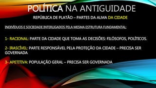 POLÍTICA NA ANTIGUIDADE
REPÚBLICA DE PLATÃO – PARTES DA ALMA DA CIDADE
INDIVÍDUOS E SOCIEDADE INTERLIGADOS PELA MESMA ESTRUTURA FUNDAMENTAL:
1- RACIONAL: PARTE DA CIDADE QUE TOMA AS DECISÕES: FILÓSOFOS, POLÍTICOS.
2- IRASCÍVEL: PARTE RESPONSÁVEL PELA PROTEÇÃO DA CIDADE – PRECISA SER
GOVERNADA
3- APETITIVA: POPULAÇÃO GERAL – PRECISA SER GOVERNADA
 