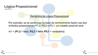 Lógica Proposicional
Por exemplo, se as sentenças na base de conhecimento fazem uso dos
símbolos proposicionais P1,2, P2,2 e P3,1, um modelo possível será:
m1 = {P1,2 = falsa, P2,2 = falsa, P3,1 = verdadeira}
Semântica da Lógica Proposicional
 