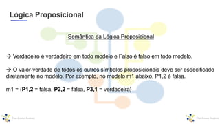 Lógica Proposicional
 Verdadeiro é verdadeiro em todo modelo e Falso é falso em todo modelo.
 O valor-verdade de todos os outros símbolos proposicionais deve ser especificado
diretamente no modelo. Por exemplo, no modelo m1 abaixo, P1,2 é falsa.
m1 = {P1,2 = falsa, P2,2 = falsa, P3,1 = verdadeira}
Semântica da Lógica Proposicional
 