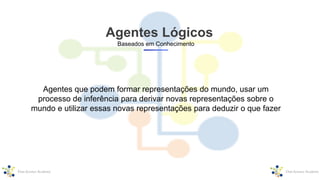Baseados em Conhecimento
Agentes que podem formar representações do mundo, usar um
processo de inferência para derivar novas representações sobre o
mundo e utilizar essas novas representações para deduzir o que fazer
Agentes Lógicos
 