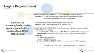 Lógica Proposicional
Algoritmo de
enumeração de tabela-
verdade para decidir a
consequência lógica
proposicional
 