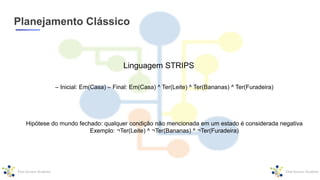 Planejamento Clássico
Linguagem STRIPS
– Inicial: Em(Casa) – Final: Em(Casa) ^ Ter(Leite) ^ Ter(Bananas) ^ Ter(Furadeira)
Hipótese do mundo fechado: qualquer condição não mencionada em um estado é considerada negativa
Exemplo: ¬Ter(Leite) ^ ¬Ter(Bananas) ^ ¬Ter(Furadeira)
 