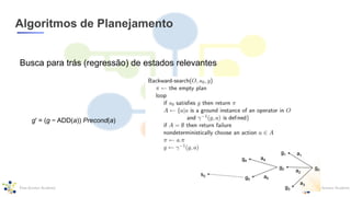 Algoritmos de Planejamento
Busca para trás (regressão) de estados relevantes
g′ = (g − ADD(a)) Precond(a)
 