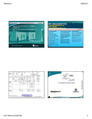 Módulo	6 28/01/17
Prof.	Moises.Cielak.Net 1
1
INNOVACION EN RETAIL E IMAGEN
COMERCIAL
Mod 4: Generación de estrategias de
servicio
Instructor:
DR. . Moisés Cielak Eychenbaum
2
@mcielak#retailmoi
Fuente: http://www.gremler.net/MKT405_F04/405_materials/Assignment_Examples/Sample_Service_Blueprints.pdf
@mcielak#retailmoi
¿Y el blueprint de servicios online?
 