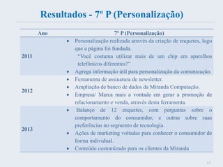 Resultados - 7º P (Personalização)
Ano 7º P (Personalização)
2011
 Personalização realizada através da criação de enquetes, logo
que a página foi fundada.
“Você costuma utilizar mais de um chip em aparelhos
telefônicos diferentes?”
 Agrega informação útil para personalização da comunicação.
2012
 Ferramenta de assinatura de newsletter.
 Ampliação de banco de dados da Miranda Computação.
 Empresa/ Marca mais a vontade em gerar a promoção de
relacionamento e venda, através desta ferramenta.
2013
 Balanço de 12 enquetes, com perguntas sobre o
comportamento do consumidor, e outras sobre suas
preferências no segmento de tecnologia.
 Ações de marketing voltadas para conhecer o consumidor de
forma individual.
 Conteúdo customizado para os clientes da Miranda
13
 