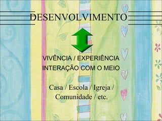 DESENVOLVIMENTO
VIVÊNCIA / EXPERIÊNCIA
INTERAÇÃO COM O MEIO
Casa / Escola / Igreja /
Comunidade / etc.
 