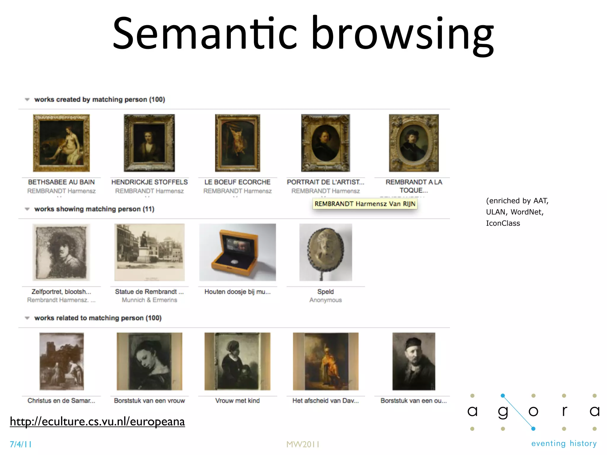 7/4/11 MW2011
Seman&c	
  browsing
http://eculture.cs.vu.nl/europeana
(enriched by AAT,
ULAN, WordNet,
IconClass
 