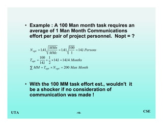 -10-UTA CSE
• Example : A 100 Man month task requires an
average of 1 Man Month Communications
effort per pair of project ...