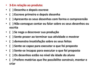 •   3-Em relação ao produto:
•   ( ) Desenha e depois escreve
•   ( ) Escreve primeiro e depois desenha
•   ( ) Apresenta os seus desenhos com forma e compreensão
•   ( ) Não consegue contar ou falar sobre os seus desenhos ou
    escrita
•   ( ) Se nega a descrever sua produção
•   ( ) Sente prazer ao terminar sua atividade e mostrar
•   ( ) demonstra insatisfação sobre os seus feitos
•   ( ) Sente-se capaz para executar o que foi proposto
•   ( ) Sente-se incapaz para executar o que foi proposto
•   ( ) Os desenhos estão no nível da idade do aluno
•   ( ) Prefere matérias que lhe possibilite construir, montar e
    criar
 