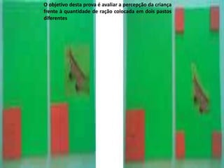O objetivo desta prova é avaliar a percepção da criança
frente à quantidade de ração colocada em dois pastos
diferentes
 