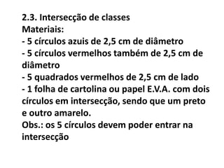2.3. Intersecção de classes
Materiais:
- 5 círculos azuis de 2,5 cm de diâmetro
- 5 círculos vermelhos também de 2,5 cm de
diâmetro
- 5 quadrados vermelhos de 2,5 cm de lado
- 1 folha de cartolina ou papel E.V.A. com dois
círculos em intersecção, sendo que um preto
e outro amarelo.
Obs.: os 5 círculos devem poder entrar na
intersecção
 