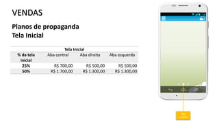 VENDAS
Planos de propaganda
Tela Inicial
Tela Inicial
% da tela
inicial
Aba central Aba direita Aba esquerda
25% R$ 700,00 R$ 500,00 R$ 500,00
50% R$ 1.700,00 R$ 1.300,00 R$ 1.300,00
Aba
central
 