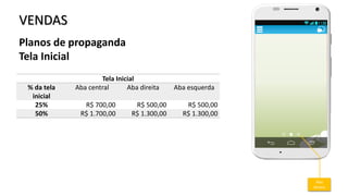 VENDAS
Planos de propaganda
Tela Inicial
Tela Inicial
% da tela
inicial
Aba central Aba direita Aba esquerda
25% R$ 700,00 R$ 500,00 R$ 500,00
50% R$ 1.700,00 R$ 1.300,00 R$ 1.300,00
Aba
direita
 