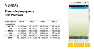 VENDAS
Planos de propaganda
Tela Parcerias
% da área de
propaganda
Tela 1 Tela 2 Tela 3 Tela 4
12,5% R$ 200,00 R$ 150,00 R$ 100,00 R$ 100,00
25% R$ 400,00 R$ 350,00 R$ 300,00 R$ 300,00
37,5% R$ 600,00 R$ 550,00 R$ 500,00 R$ 500,00
50% R$ 800,00 R$ 750,00 R$ 700,00 R$ 700,00
75% R$ 1.000,00 R$ 950,00 R$ 900,00 R$ 900,00
100% R$ 1.200,00 R$ 1.150,00 R$ 1.000,00 R$ 1.000,00
Tela
1
Tela
4
Tela
2
Tela
3
 