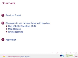 Sommaire
1 Random Forest
2 Strategies to use random forest with big data
Bag of Little Bootstrap (BLB)
Map Reduce
Online learning
3 Application
Nathalie Villa-Vialaneix | RF for Big Data 2/39
 
