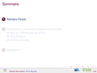 Sommaire
1 Random Forest
2 Strategies to use random forest with big data
Bag of Little Bootstrap (BLB)
Map Reduce
Online learning
3 Application
Nathalie Villa-Vialaneix | RF for Big Data 3/39
 