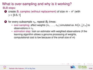 What is over-sampling and why is it working?
BLB steps:
1 create B1 samples (without replacement) of size m ∼ nγ (with
γ ∈ [0.5, 1]
2 for every subsample τb, repeat B2 times:
over-sampling: affect weights (n1, . . . , nm) simulated as M n, 1
m
1m to
observations in τb
estimation step: train an estimator with weighted observations (if the
learning algorithm allows a genuine processing of weights,
computational cost is low because of the small size of m)
Nathalie Villa-Vialaneix | RF for Big Data 19/39
 