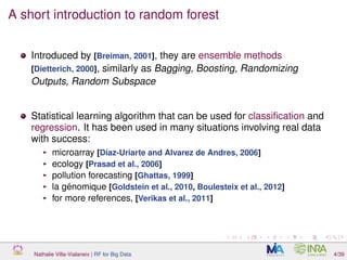 A short introduction to random forest
Introduced by [Breiman, 2001], they are ensemble methods
[Dietterich, 2000], similarly as Bagging, Boosting, Randomizing
Outputs, Random Subspace
Statistical learning algorithm that can be used for classiﬁcation and
regression. It has been used in many situations involving real data
with success:
microarray [Díaz-Uriarte and Alvarez de Andres, 2006]
ecology [Prasad et al., 2006]
pollution forecasting [Ghattas, 1999]
la génomique [Goldstein et al., 2010, Boulesteix et al., 2012]
for more references, [Verikas et al., 2011]
Nathalie Villa-Vialaneix | RF for Big Data 4/39
 