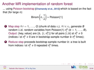 Another MR implementation of random forest
... using Poisson bootstrap [Chamandy et al., 2012] which is based on the fact
that (for large n):
Binom n,
1
n
Poisson(1)
1 Map step ∀ r = 1, . . . , Q (chunk of data τr ). ∀ i ∈ τr , generate B
random i.i.d. random variables from Poisson(1) nb
i
(b = 1, . . . , B).
Output: (key, value) are (b, (i, nb
i
)) for all pairs (i, b) st nb
i
0
(indices i st nb
i
0 are in bootstrap sample number b nb
i
times);
2 Reduce step proceeds bootstrap sample number b: a tree is built
from indices i st nb
i
0 repeated nb
i
times.
Nathalie Villa-Vialaneix | RF for Big Data 23/39
 