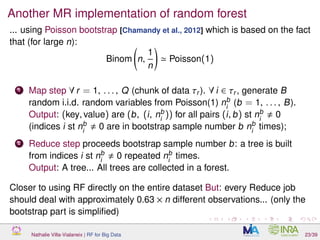 Another MR implementation of random forest
... using Poisson bootstrap [Chamandy et al., 2012] which is based on the fact
that (for large n):
Binom n,
1
n
Poisson(1)
1 Map step ∀ r = 1, . . . , Q (chunk of data τr ). ∀ i ∈ τr , generate B
random i.i.d. random variables from Poisson(1) nb
i
(b = 1, . . . , B).
Output: (key, value) are (b, (i, nb
i
)) for all pairs (i, b) st nb
i
0
(indices i st nb
i
0 are in bootstrap sample number b nb
i
times);
2 Reduce step proceeds bootstrap sample number b: a tree is built
from indices i st nb
i
0 repeated nb
i
times.
Output: A tree... All trees are collected in a forest.
Closer to using RF directly on the entire dataset But: every Reduce job
should deal with approximately 0.63 × n different observations... (only the
bootstrap part is simpliﬁed)
Nathalie Villa-Vialaneix | RF for Big Data 23/39
 