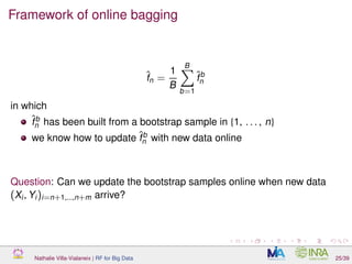 Framework of online bagging
ˆfn =
1
B
B
b=1
ˆfb
n
in which
ˆfb
n has been built from a bootstrap sample in {1, . . . , n}
we know how to update ˆfb
n with new data online
Question: Can we update the bootstrap samples online when new data
(Xi, Yi)i=n+1,...,n+m arrive?
Nathalie Villa-Vialaneix | RF for Big Data 25/39
 
